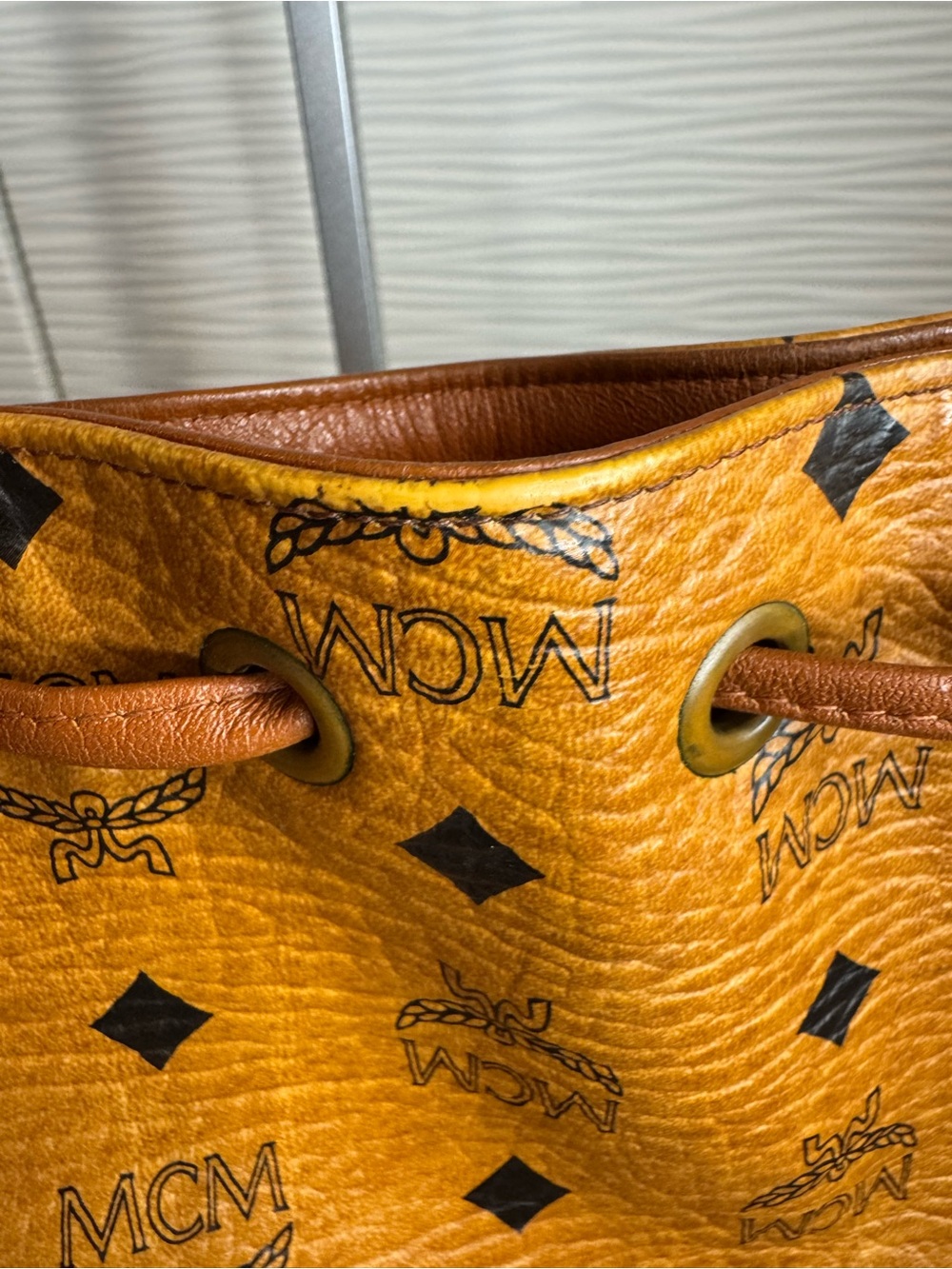 MCM Cognac Visetos Monogram Drawstring Bucket Bag - Picture 12 of 15